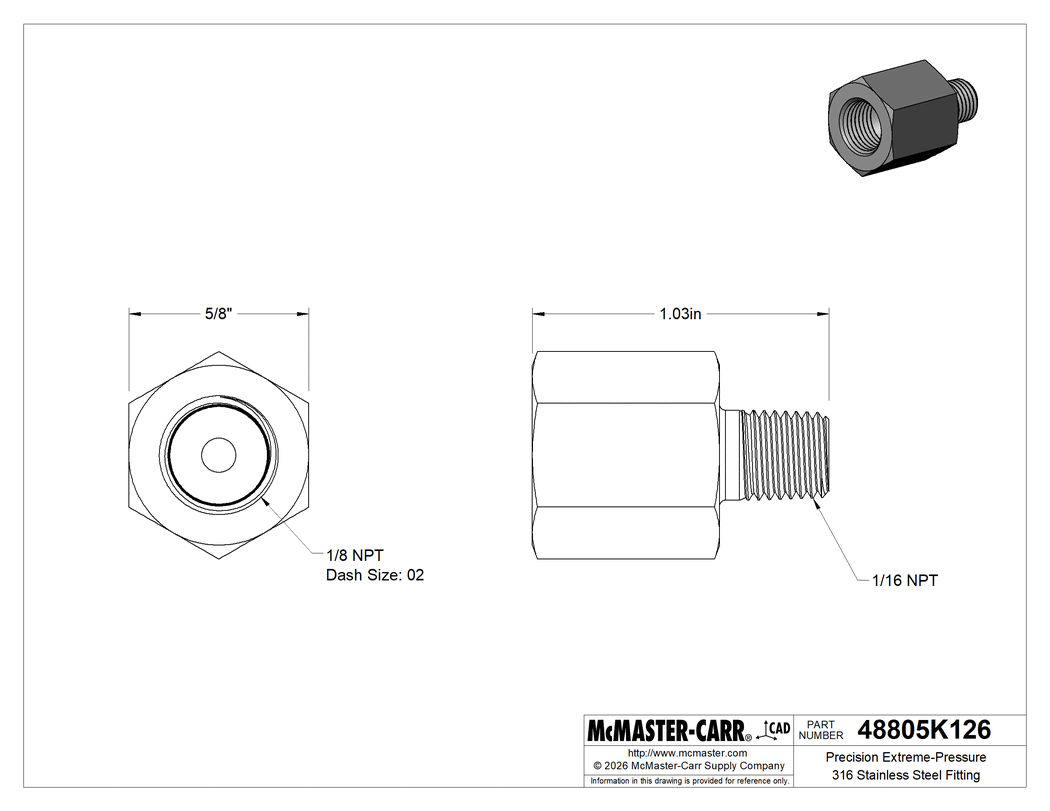 Technical Drawing of Precision Extreme-Pressure 316 Stainless Steel Fitting, Reducing Adapter, 1/8 NPT Female x 1/16 NPT Male.